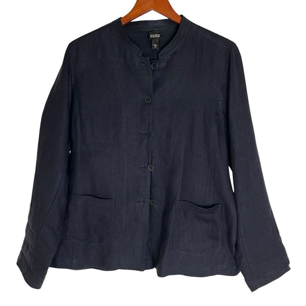 Eileen Fisher Womens Linen Mandarin Collar Button Front Coat Navy Blue Medium - Picture 11 of 15